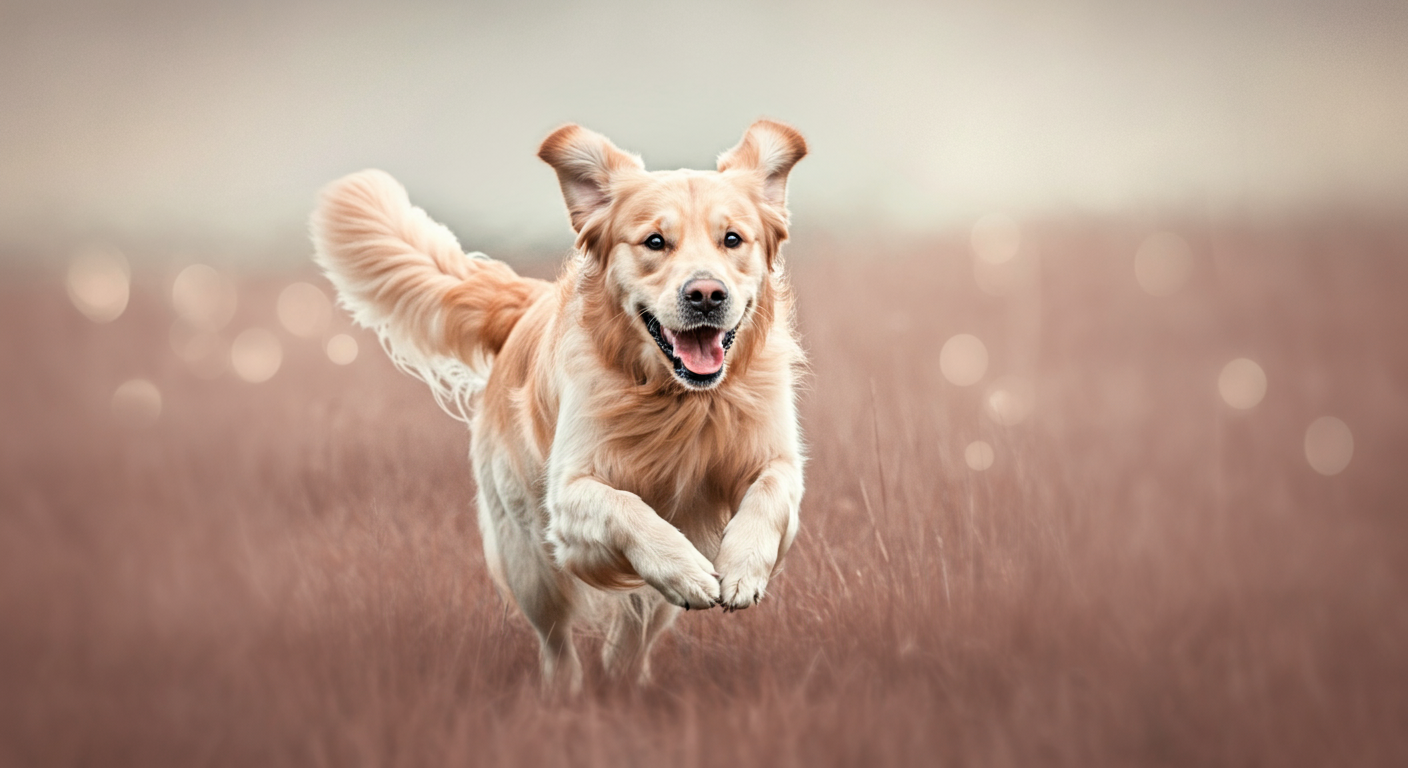 パステルカラーの野原を元気に走る犬の、楽しそうな表情にフォーカスした写真。