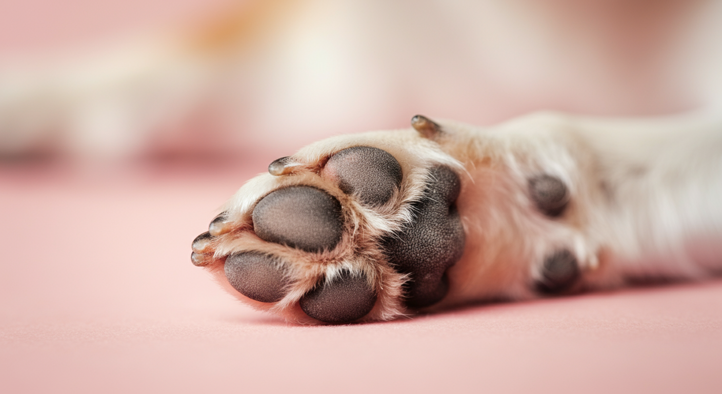 滑らかなピンク色の床に置かれた、健康的な犬の肉球のクローズアップ写真。
