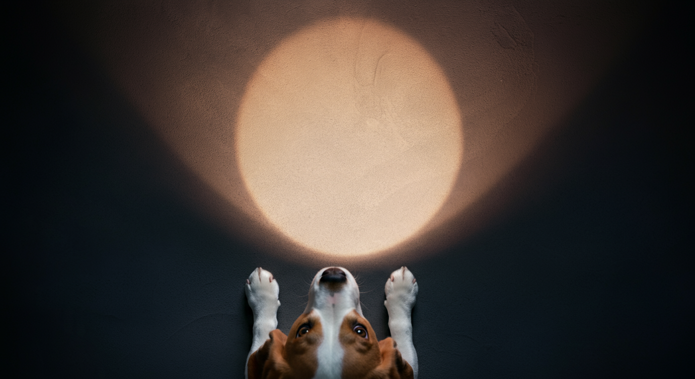 地面に落ちた光の輪のそばに立つ犬の足元