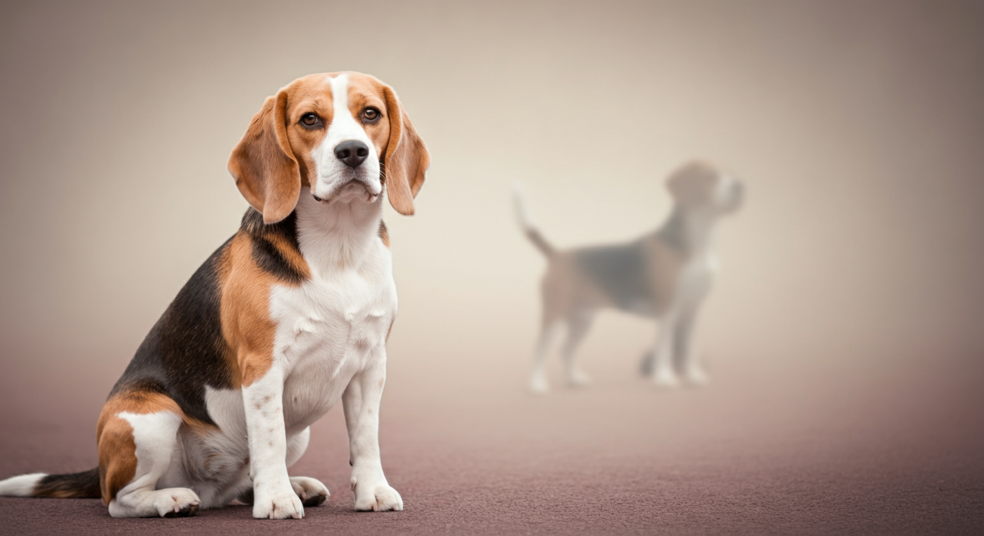 こちらを見ているビーグル。遠くの背景には、ぼやけて他の犬のシルエットが見える。