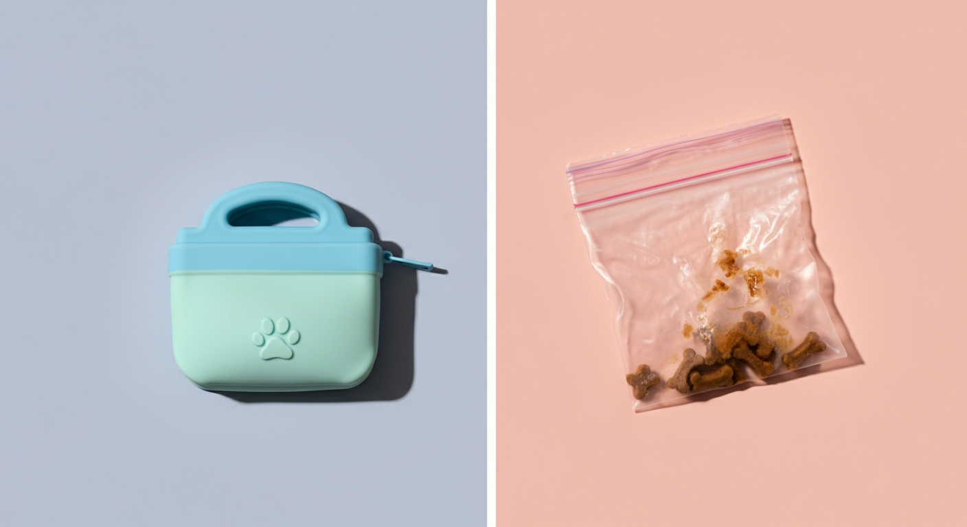 清潔なシリコン製ポーチと、汚れた使い捨てビニール袋が並べて比較されている写真。