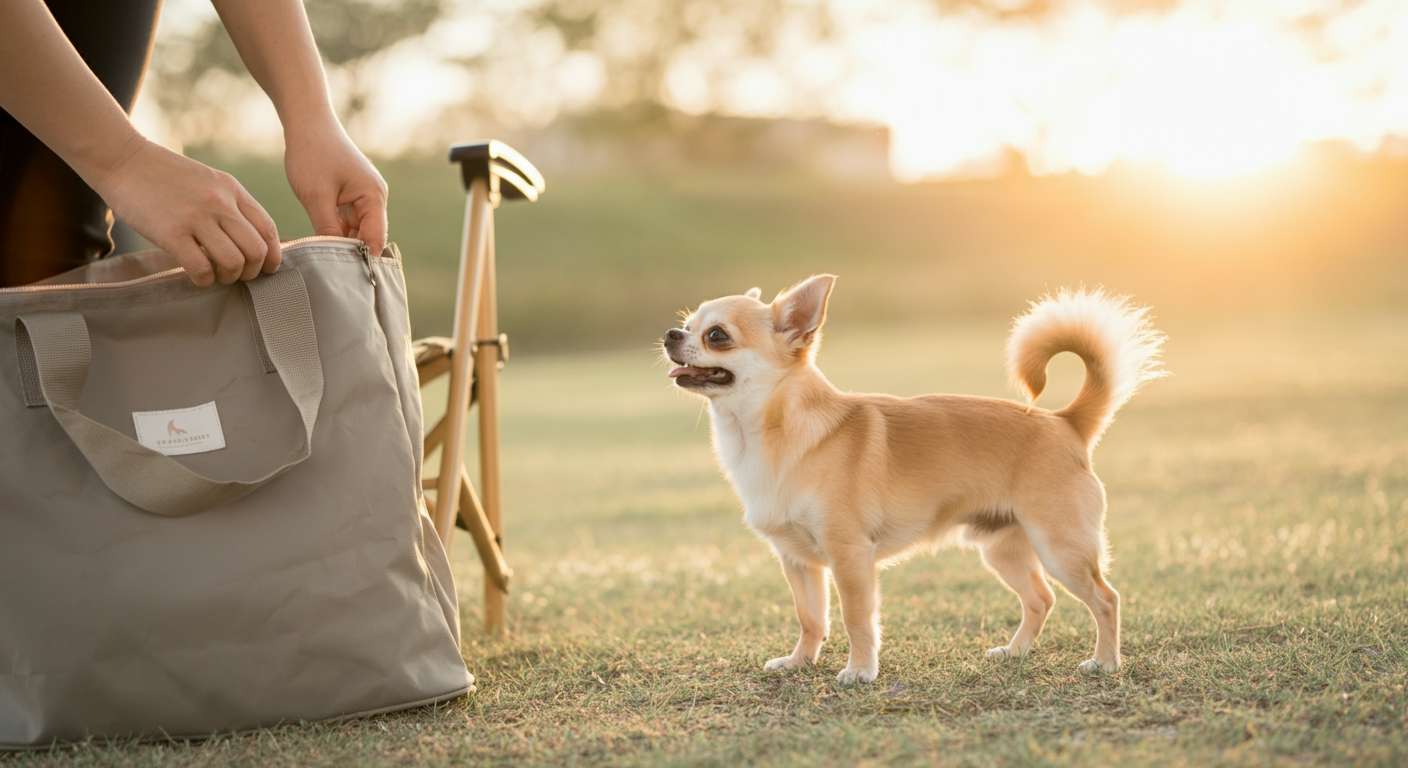 折りたたみ椅子を片付け、帰る準備をする飼い主の足元で、一匹のチワワが満足げな表情で見上げている。