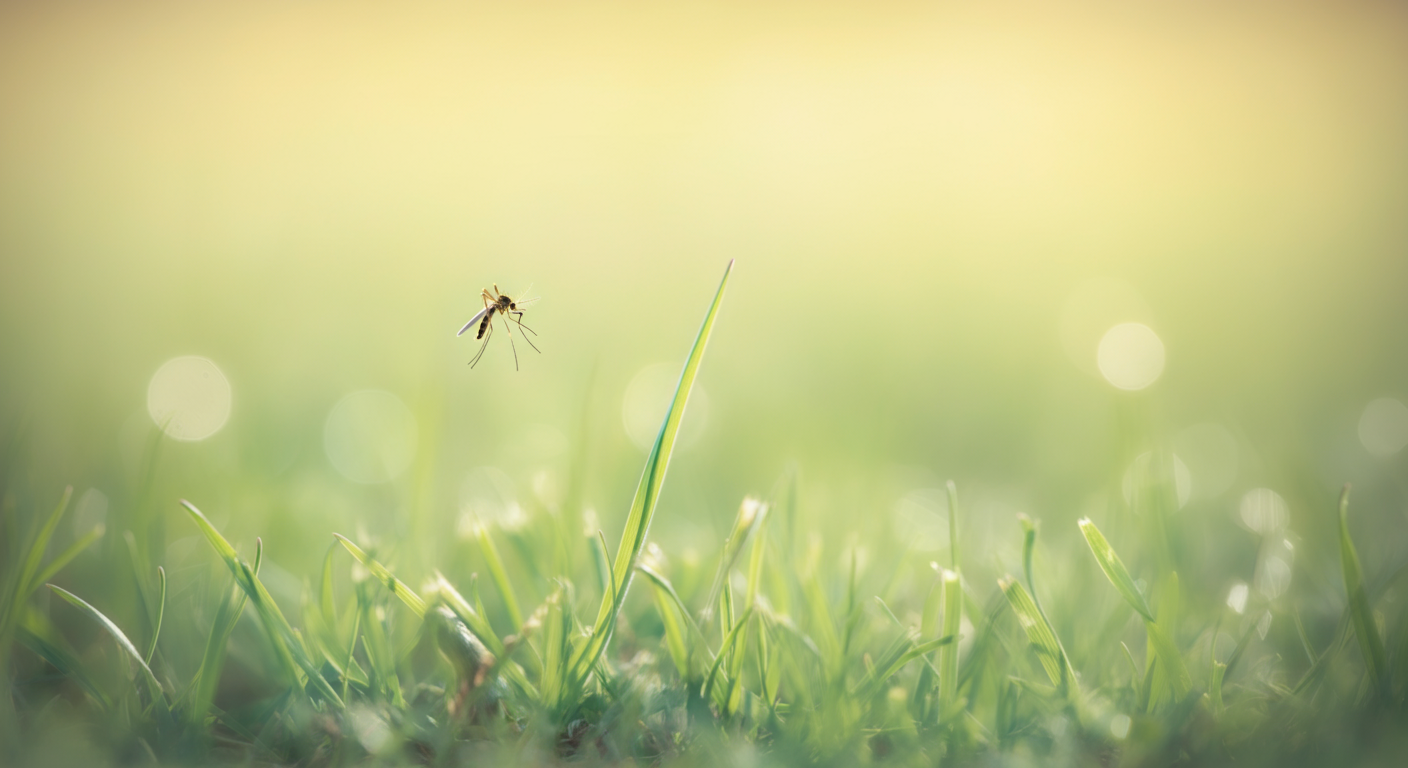 パステルカラーの背景に美しくぼかされた、一本の青々とした草の葉のクローズアップ写真。背景には蚊が暗示されている。