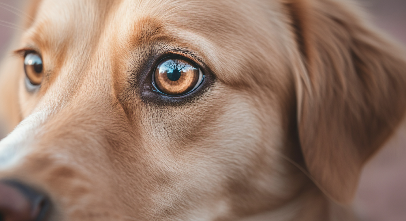 飼い主の持つトリーツポーチを真剣に見つめる犬の目のクローズアップ。