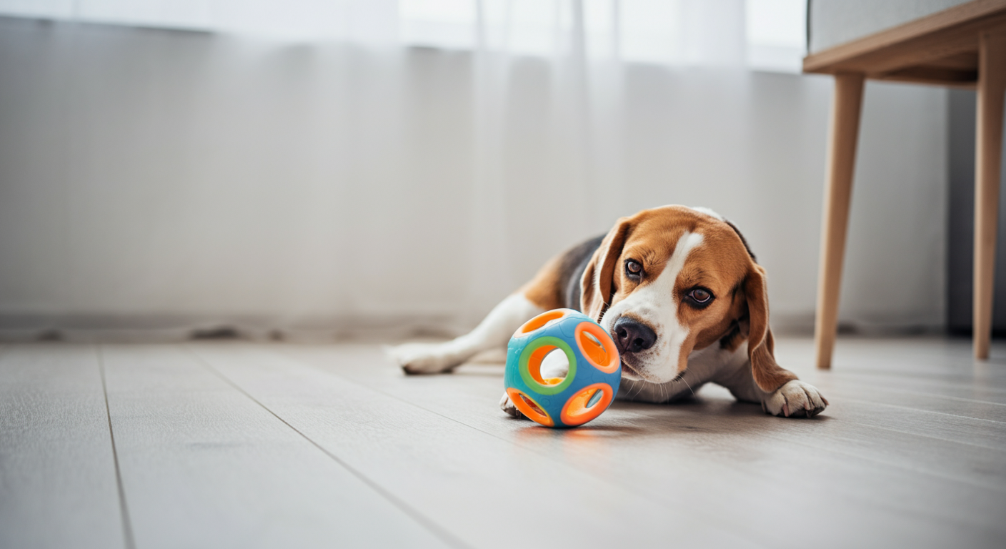 明るい色の床の上で、目の前にあるパズルボールに鼻を近づけ、集中しているビーグル犬。