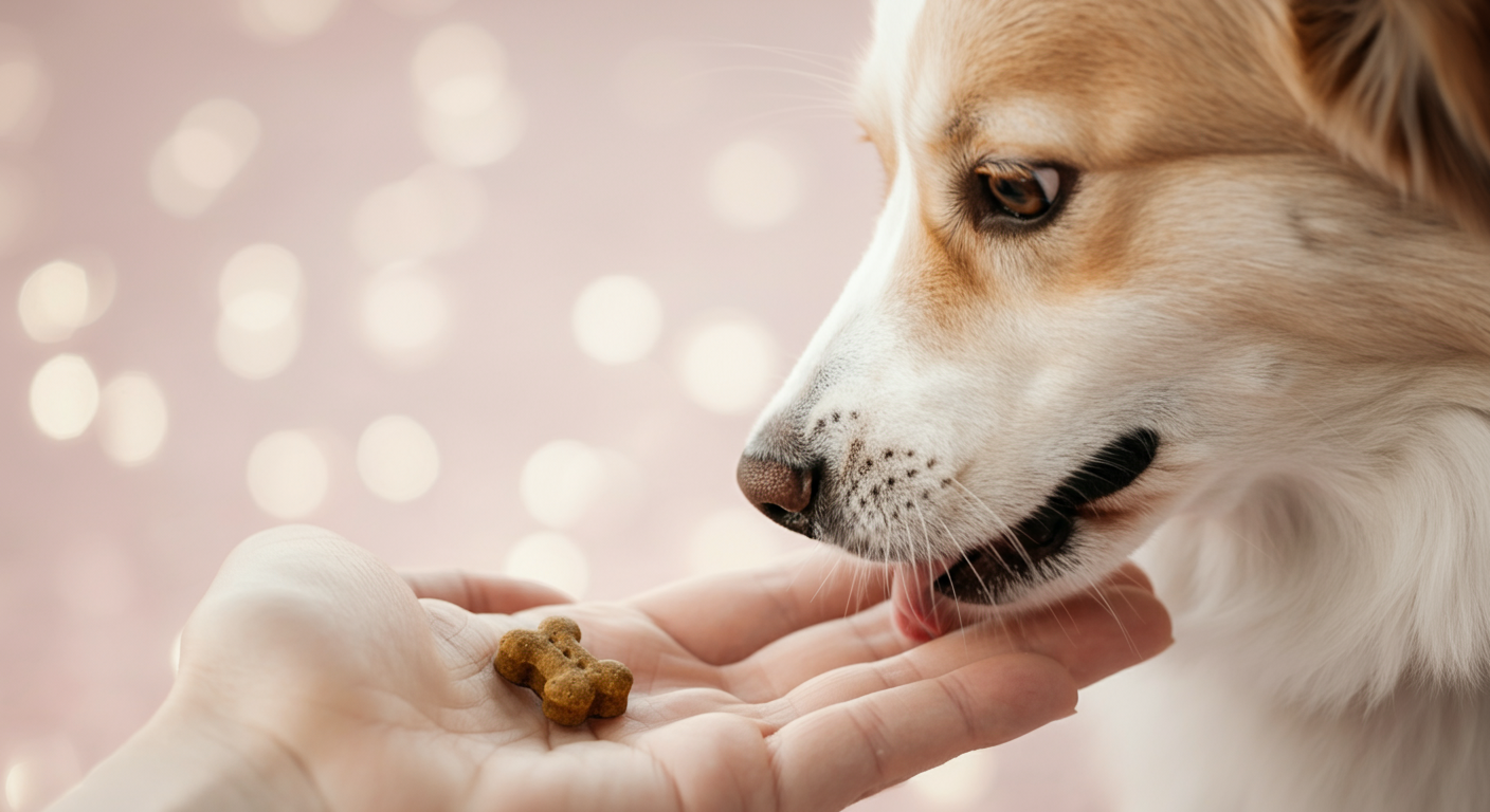 飼い主の手のひらの上にあるハート型のおやつを、犬が優しく食べている瞬間の写真。