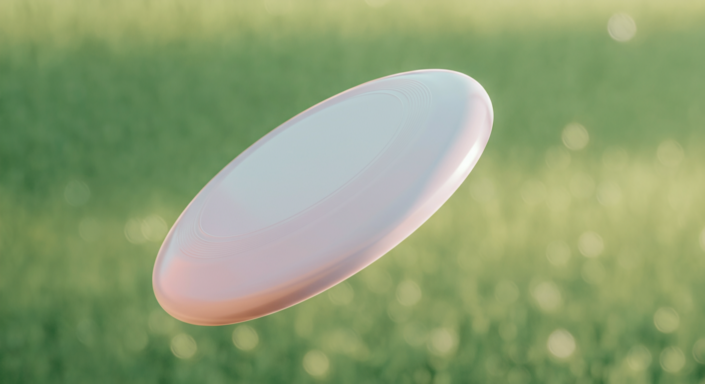 パステルカラーの柔らかい犬用フリスビーが、ぼかされた緑の背景の中を優雅に飛んでいる。