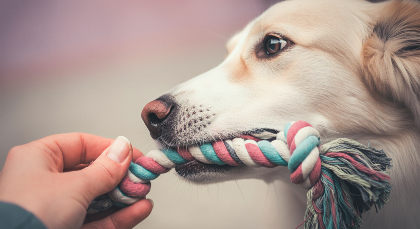 ドッグランの隅で、飼い主と犬がお気に入りのロープおもちゃで引っ張り合いっこをしている手元と口元のクローズアップ。