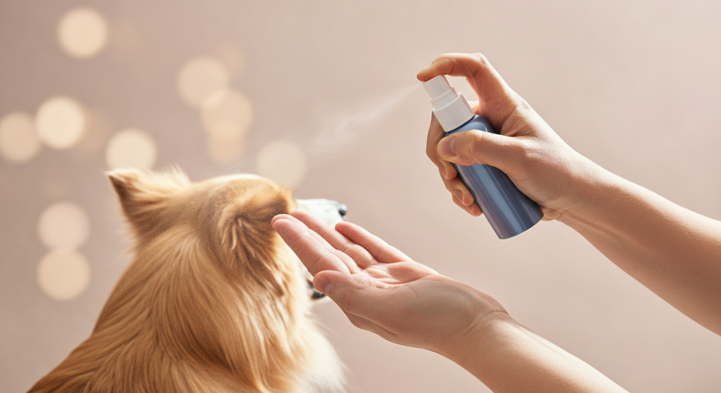 飼い主が自分の手のひらに虫除けスプレーを吹きかけている様子。背景には犬の背中が優しくぼかされている。