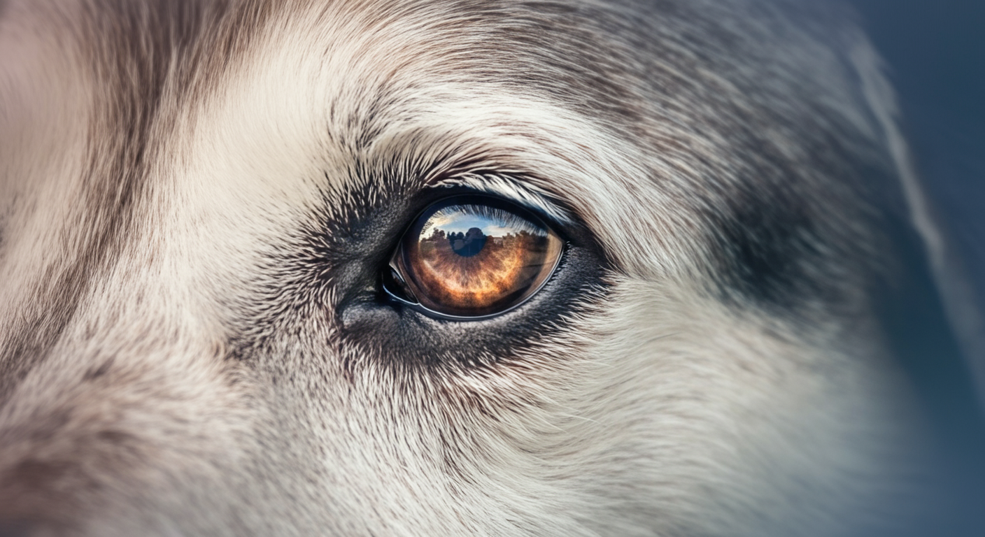 パステルカラーの背景で、シニア犬の賢く優しい目をクローズアップした写真。瞳には穏やかな屋外の風景が映っている。