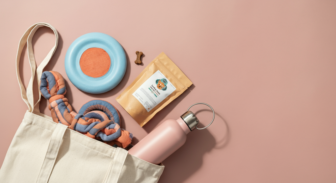 トートバッグからフリスビーや水筒などが見えている、おしゃれな持ち物リストのイメージ写真。