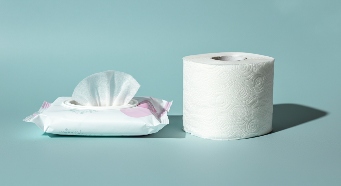 ウェットティッシュとトイレットペーパーが並べて置かれ、水に流せるかどうかを比較しているような抽象的な写真。