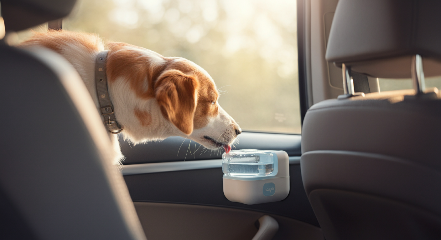 車の後部座席に設置された給水器から犬が水を飲んでいる様子