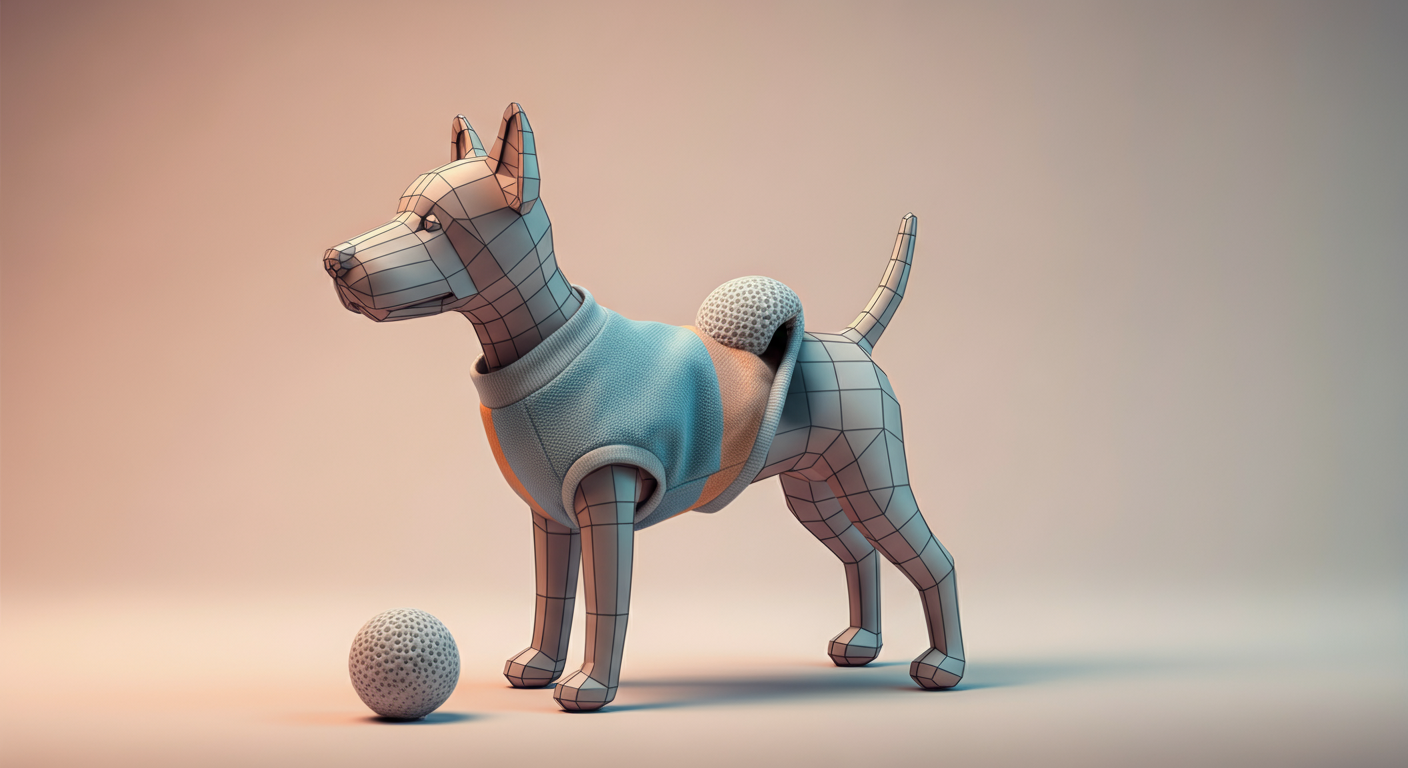 抽象的な犬のワイヤーフレームモデルから、明らかに大きすぎるクールウェアがずり落ちている。少し寂しげな雰囲気の写真。