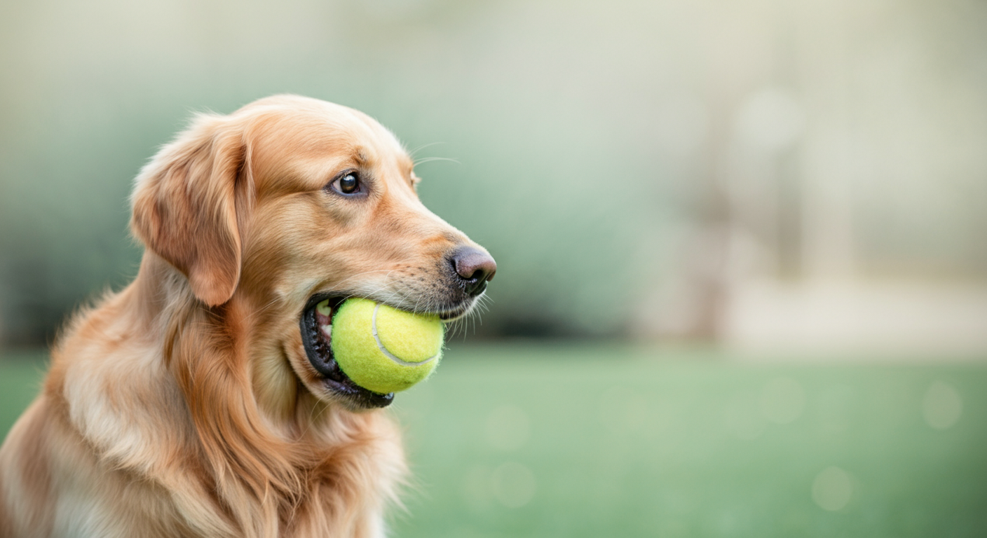 パステルイエローのボールを口にくわえて座っているゴールデンレトリバー。背景は柔らかい光に包まれている。
