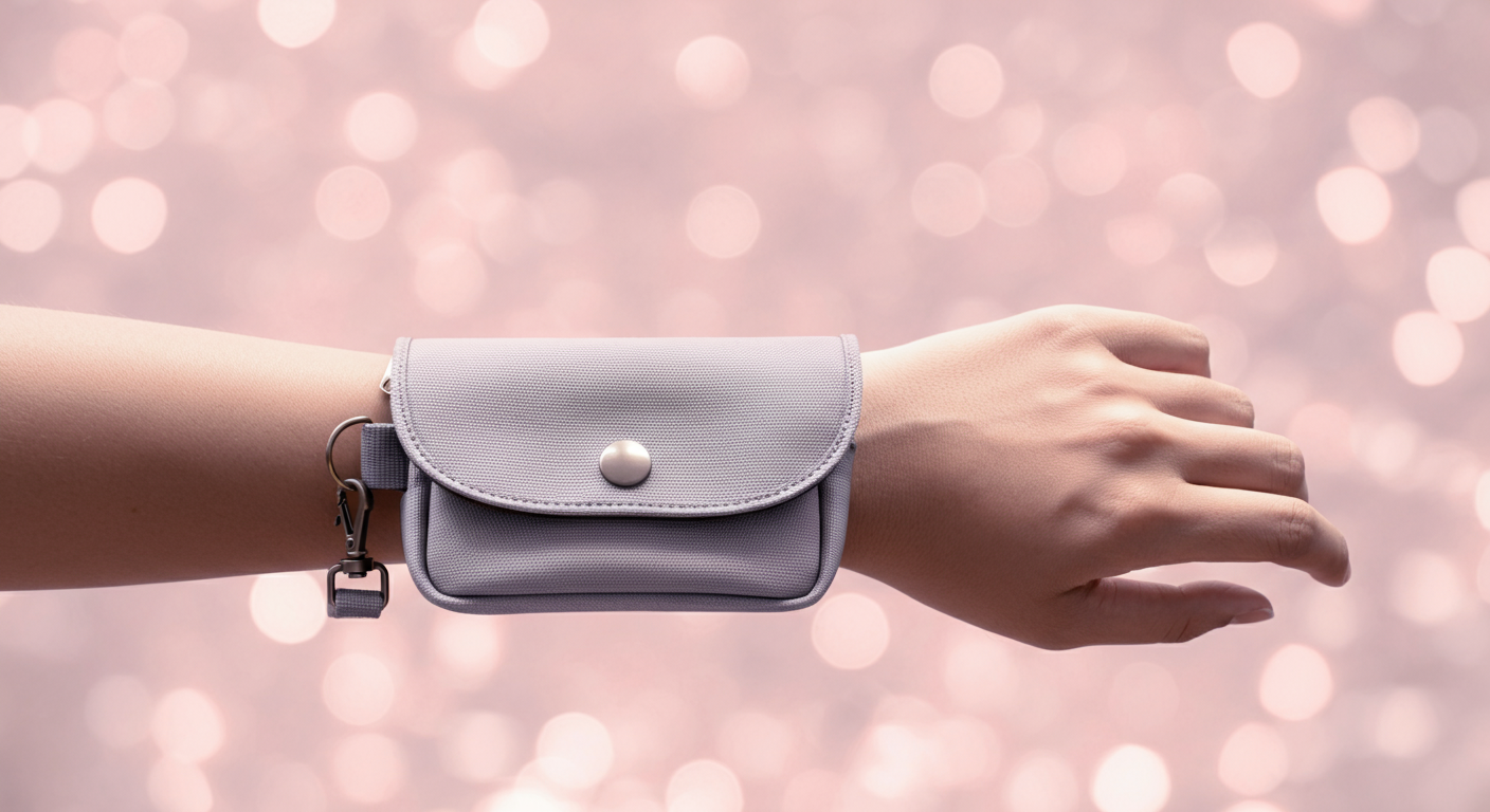 丈夫なマナーポーチが、飼い主の手首にストラップでしっかりと掛けられている様子。安心感と安全性を象徴している。
