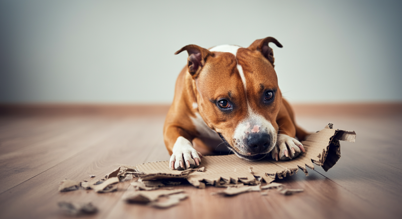 犬が安全な段ボールを細かくちぎって楽しんでいる様子。犬の満足げな表情にピントが合っている。