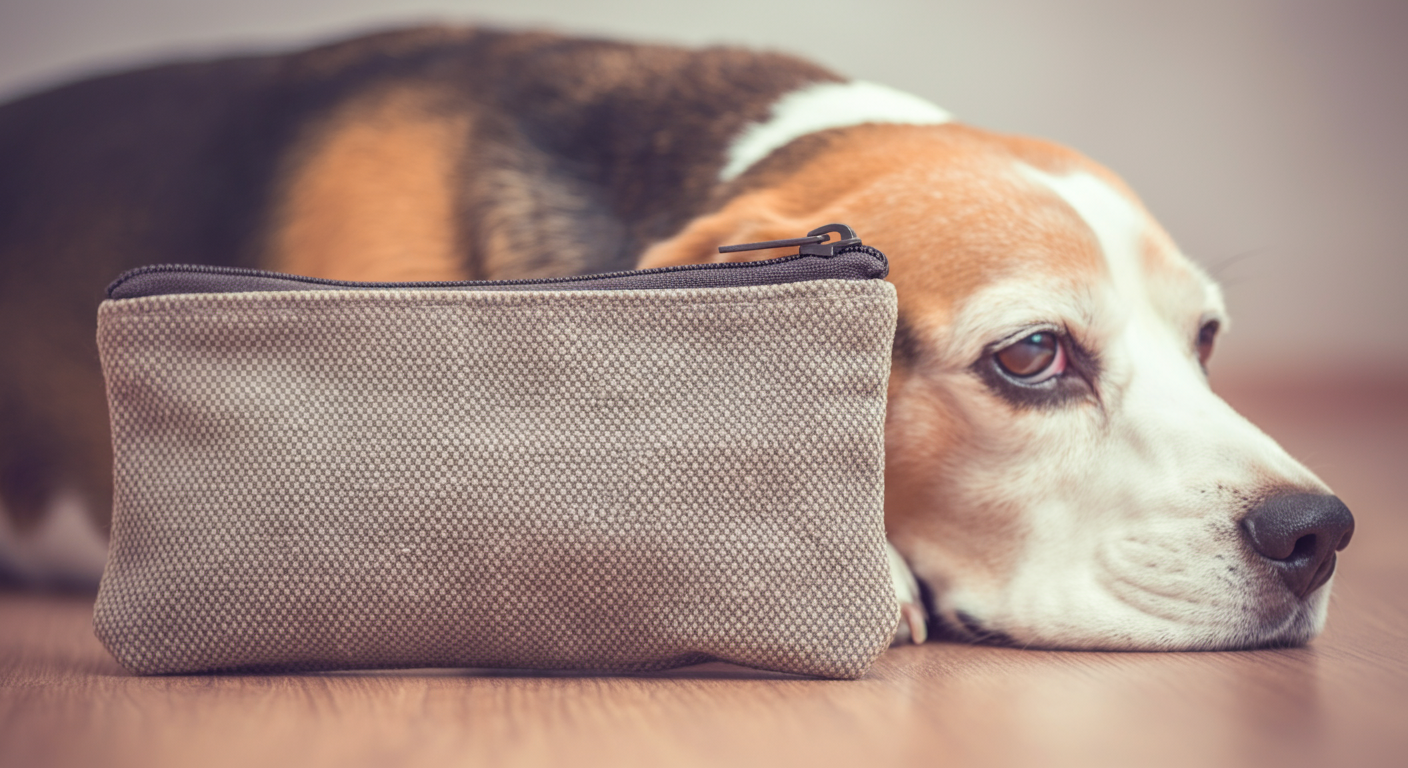 丈夫な帆布製マナーポーチの丁寧なステッチを写したマクロ写真。少し使い込まれた風合いがある。