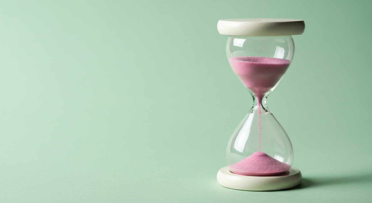パステルカラーの背景に置かれた、砂が落ち始めたばかりの美しい砂時計のミニマルな写真。
