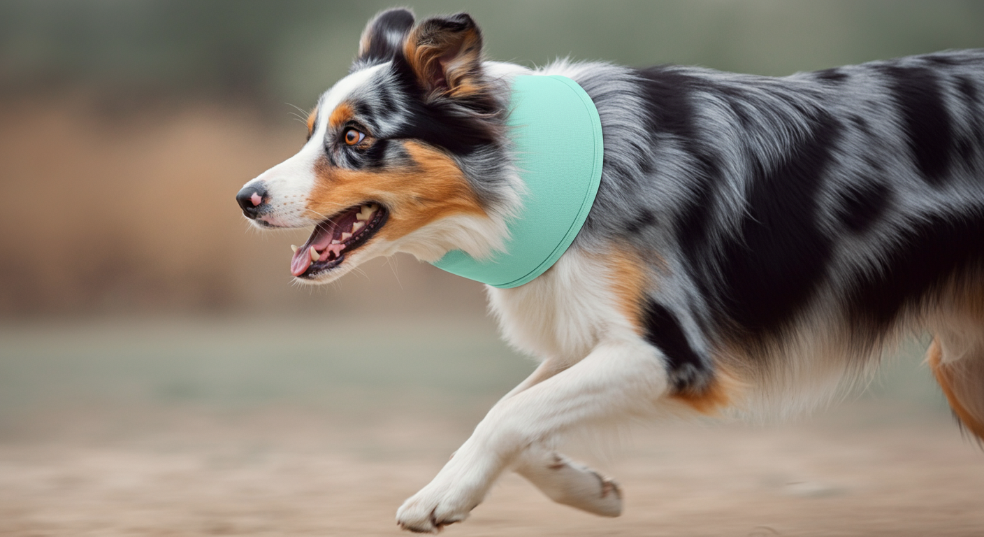 走っている犬の首元にぴったりとフィットしたクールネックのクローズアップ。