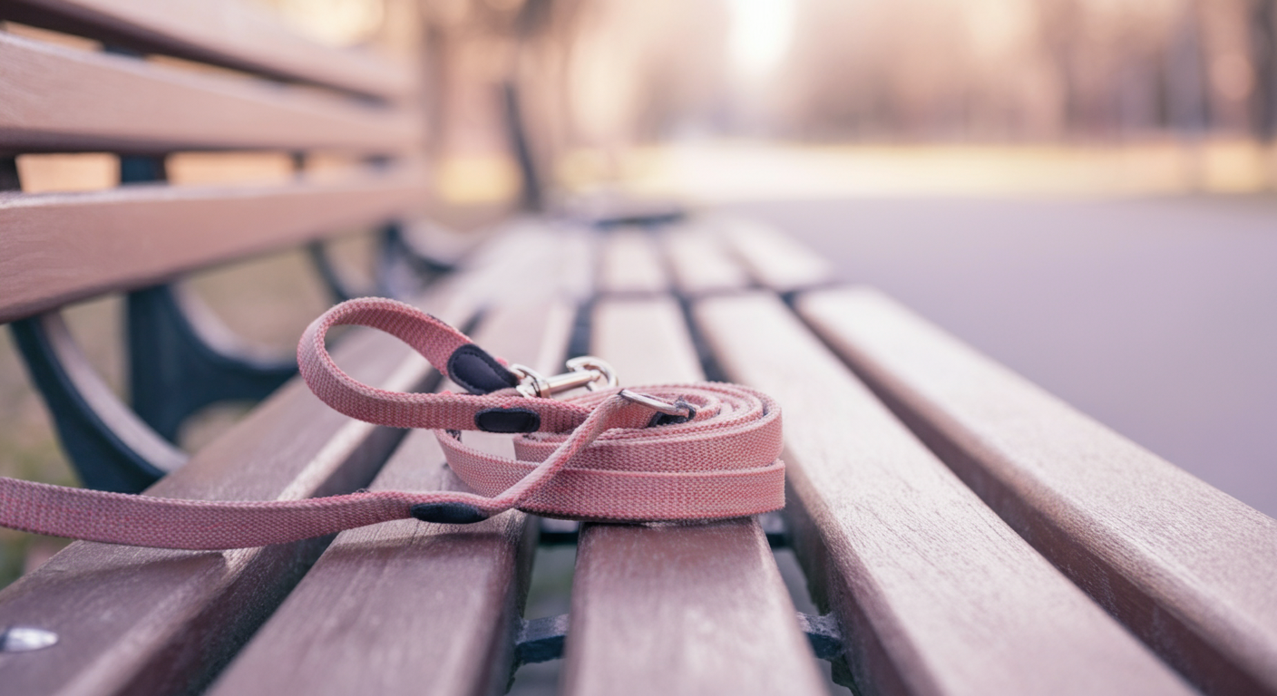 ベンチの上に置かれた犬のリードの持ち手部分のクローズアップ