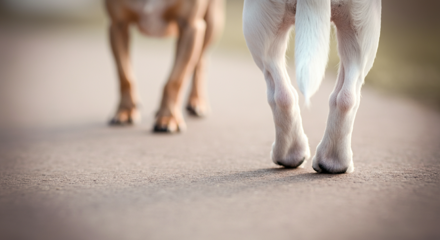 パステルカラーの小道を歩く犬の足元のクローズアップ。背景には、同じ方向に歩く別の犬の足がぼんやりと写っている。