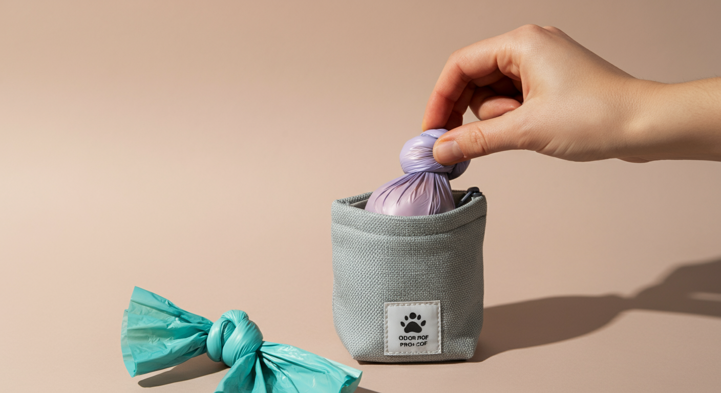 うんち袋を、さらに大きめの防臭ポーチに入れる様子を捉えた写真。