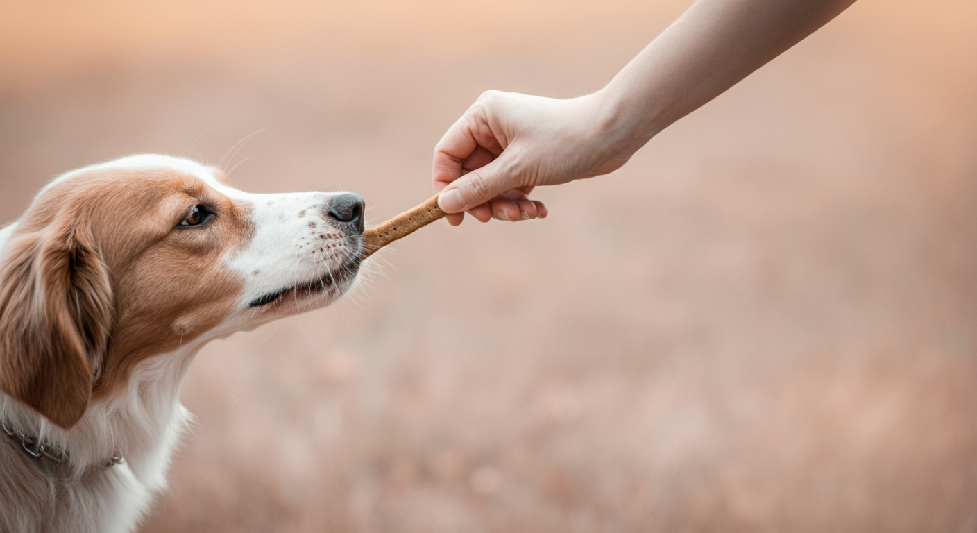 パステルカラーの背景で、飼い主の手から犬がご褒美のおやつを受け取ろうとしている瞬間のクローズアップ写真。