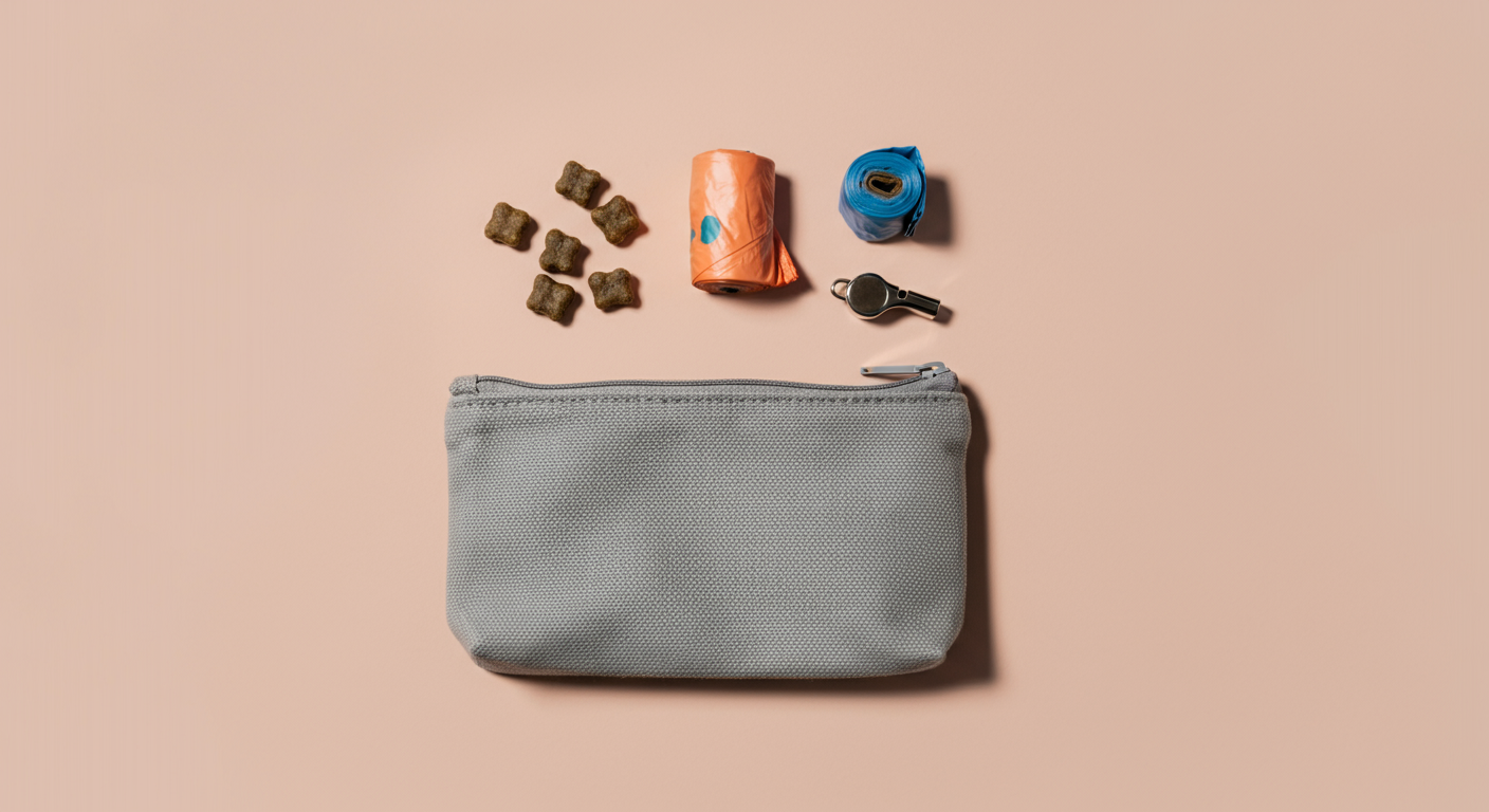 トリーツポーチの横に、おやつ、うんち袋、犬笛の3つが並べられている。