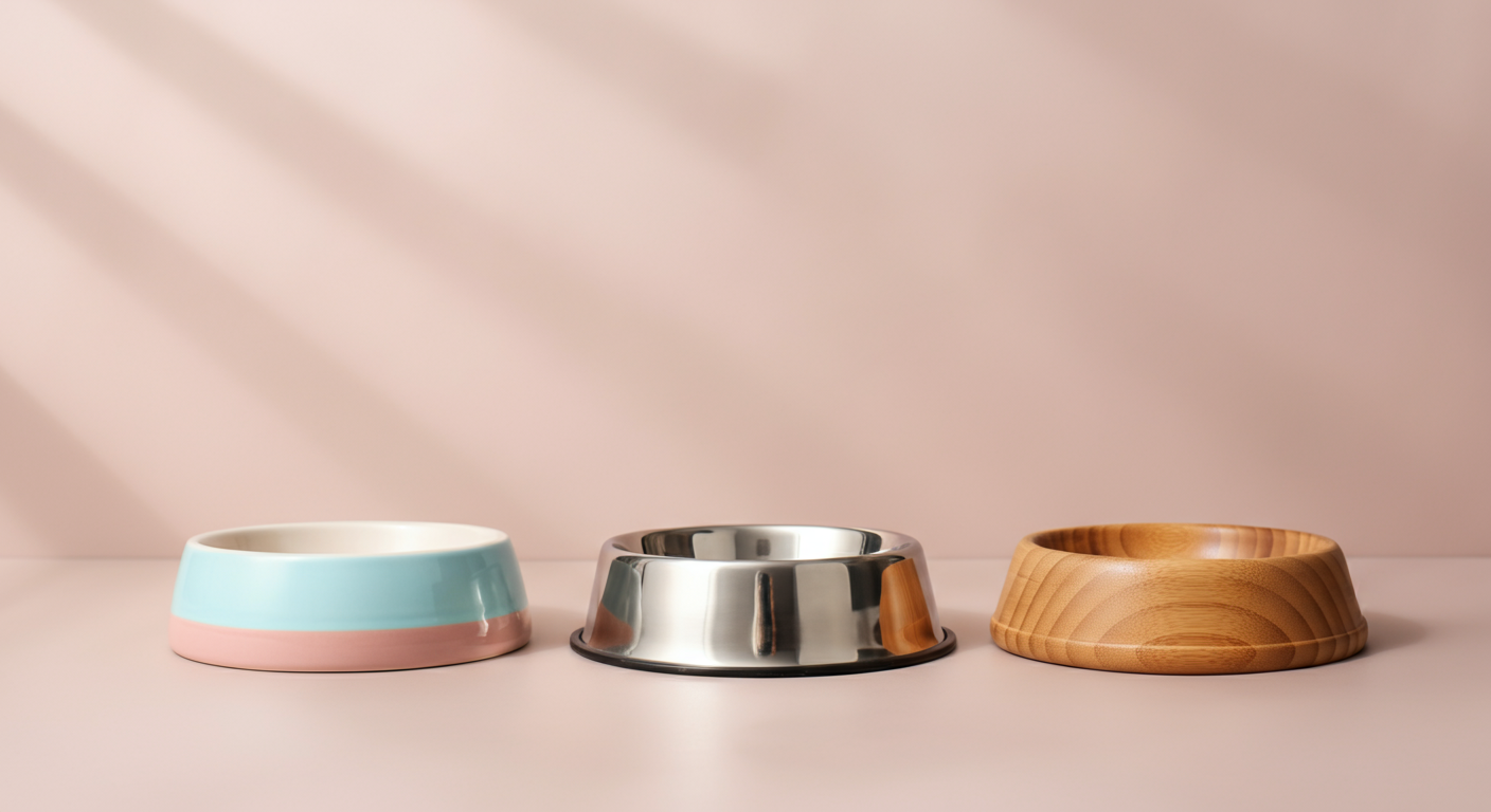 大きさや素材の違う3つのフードボウルが並んでおり、個別のケアを象徴している。
