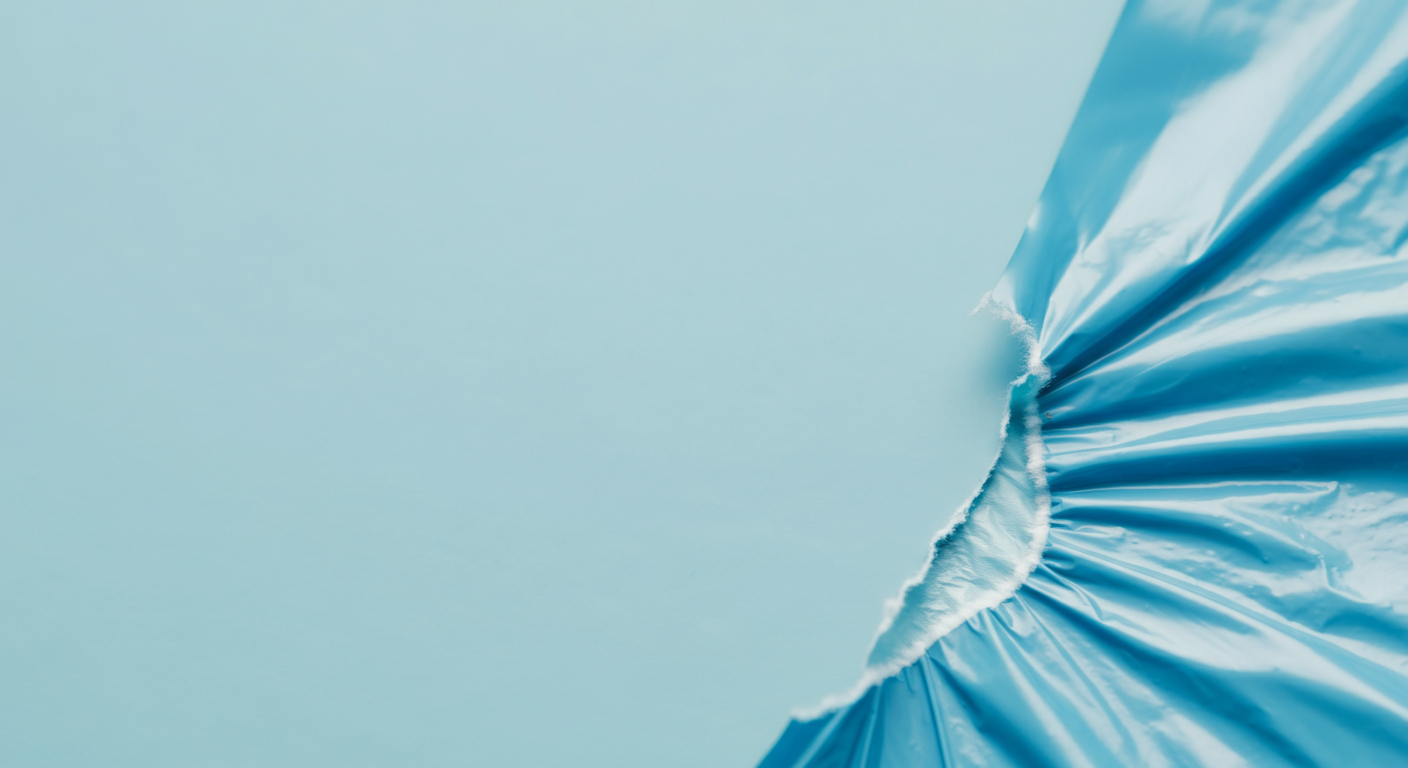 スカイブルーのうんち袋のミシン目を、片手でスムーズに切り離している瞬間のマクロ写真。