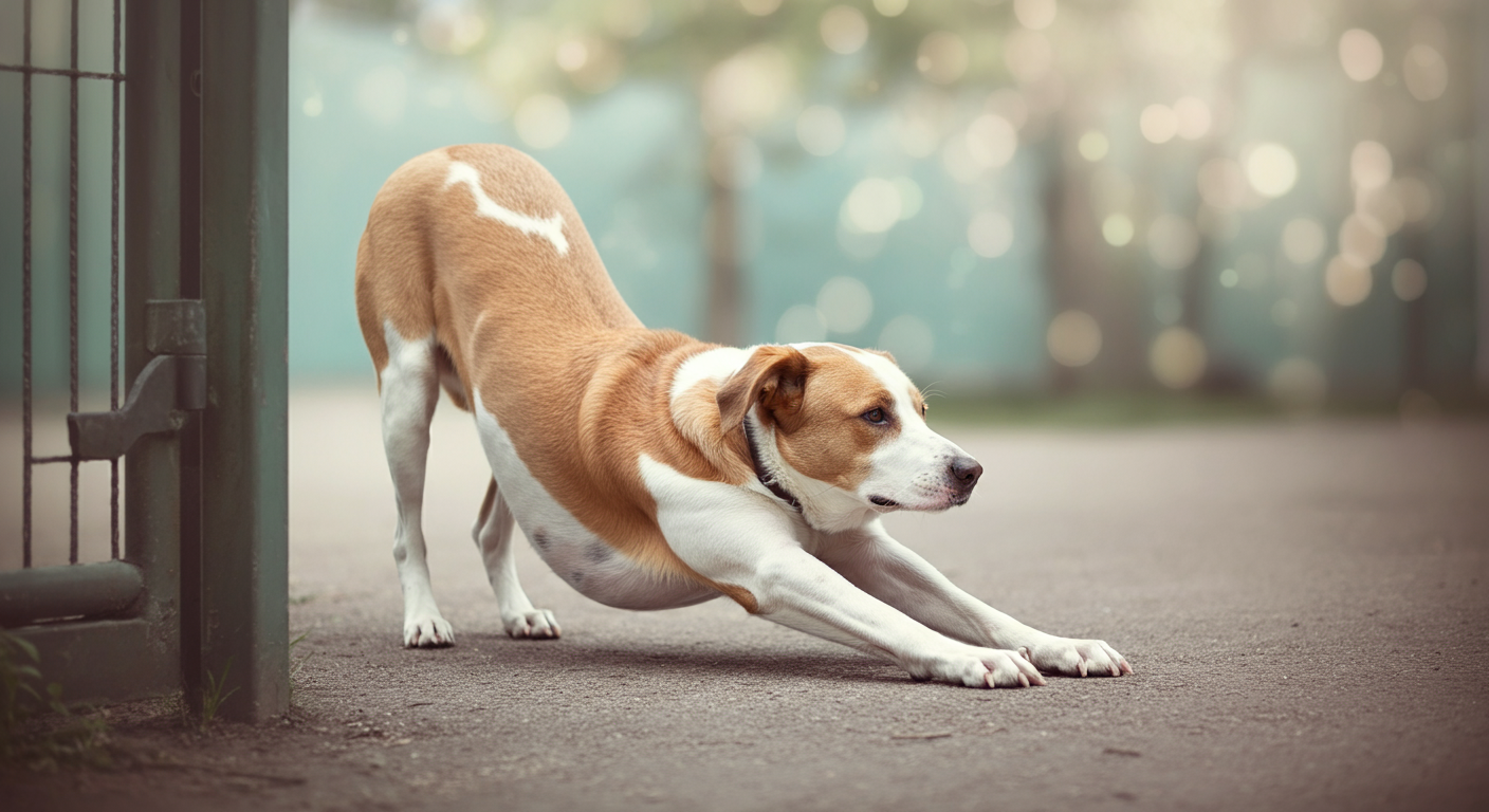 ドッグランの入り口で気持ちよさそうに体を伸ばしている犬。