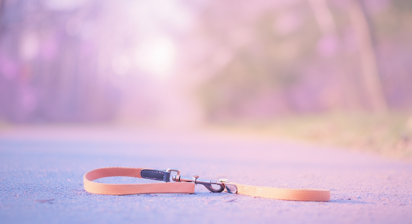 パステルカラーの小道に置かれた犬のリード。遠くの背景はぼやけている。