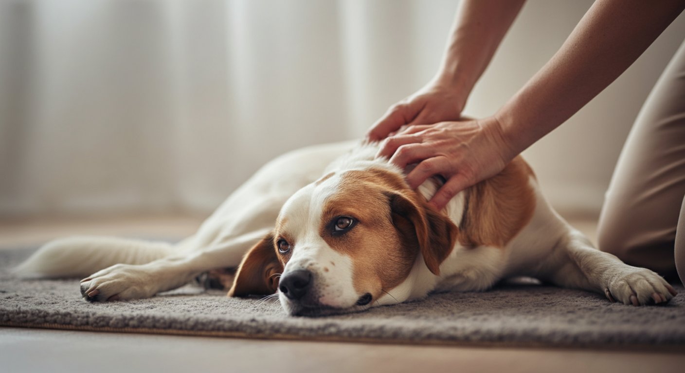 ラグの上でリラックスしている犬を、飼い主が優しくマッサージしている手元。