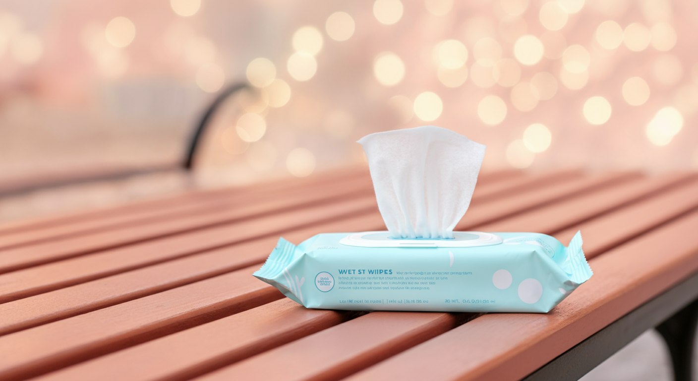 ドッグランのベンチに置かれた、シンプルなデザインのウェットティッシュのパッケージ。いつでも使える準備ができている。