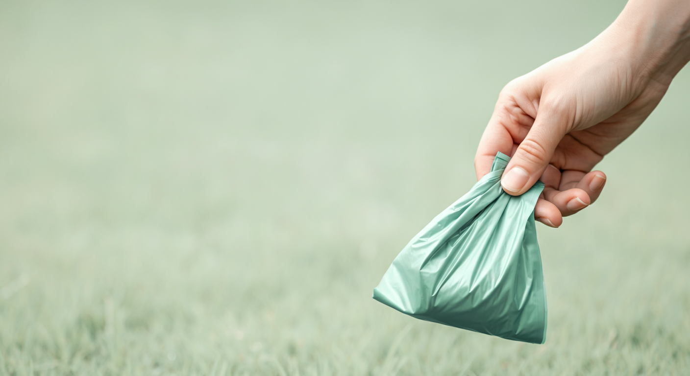 緑の芝生を背景に、生分解性のうんち袋を一枚だけ持っている人の手。