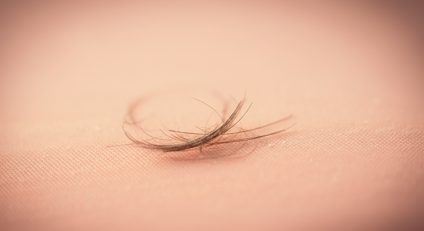 高密度に織られたピーチ色のポリエステル生地の上に、犬の毛が数本乗っているマクロ写真。毛が生地に絡みついていないことが分かる。