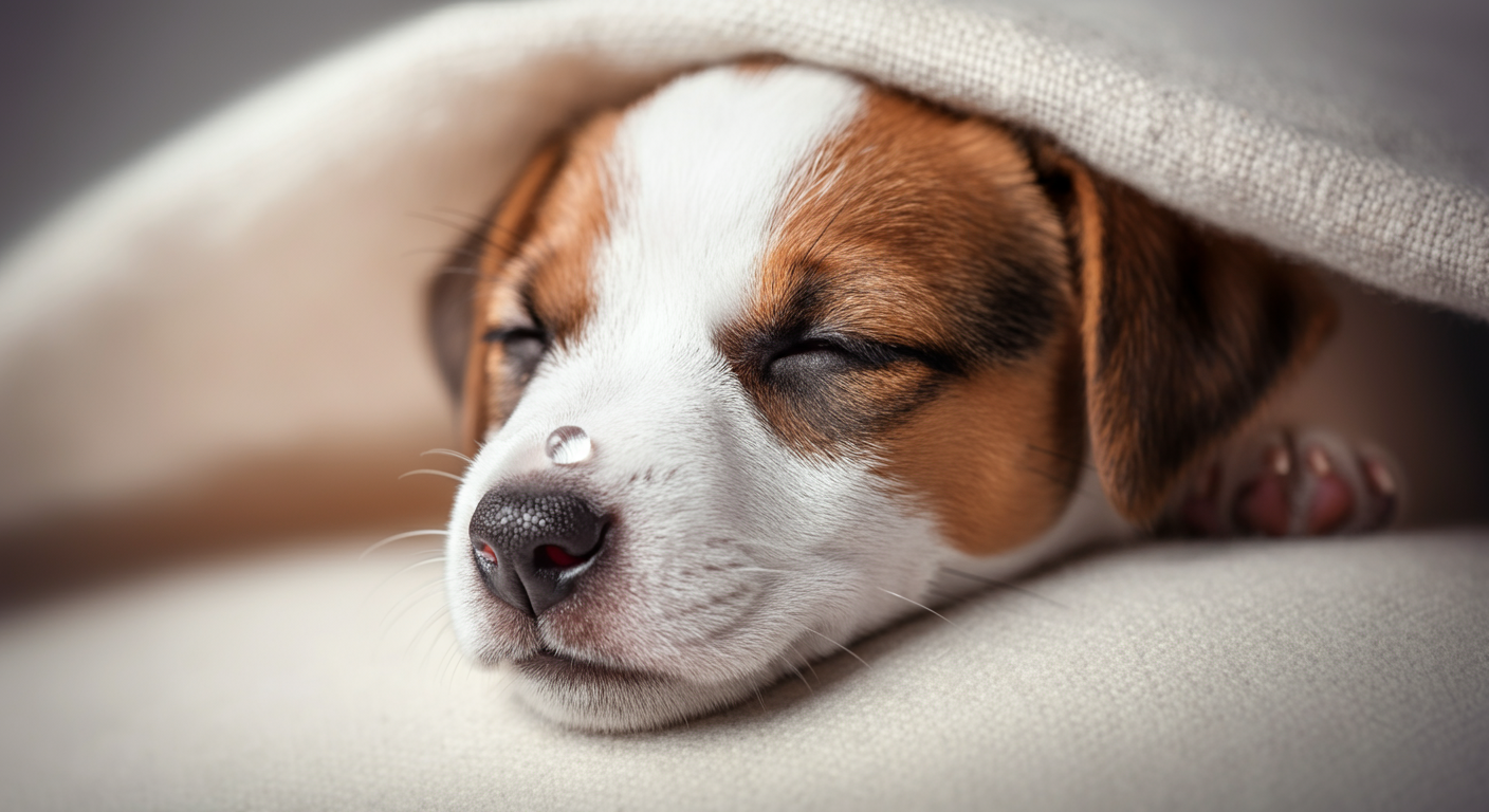 日陰で気持ちよさそうに眠る子犬の鼻先の水滴のアップ