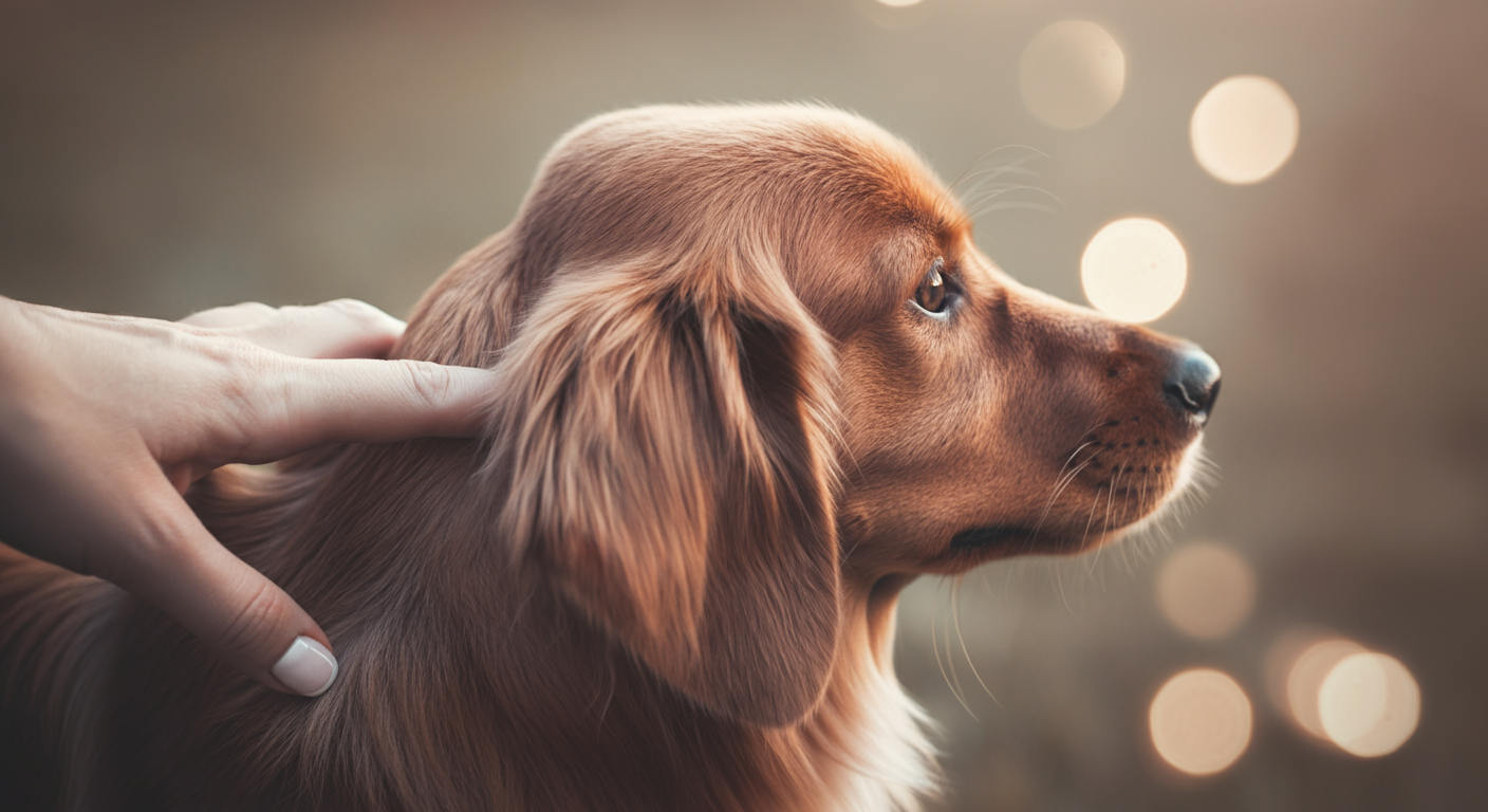 犬の艶やかな被毛を優しく撫でている人間の手。ケアと絆を表現する、パステルカラーのミニマルな写真。