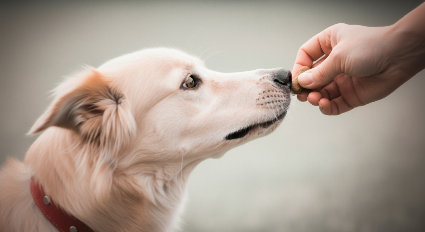 人の手がご褒美のおやつを持っており、犬の鼻先が優しく近づいているクローズアップ。