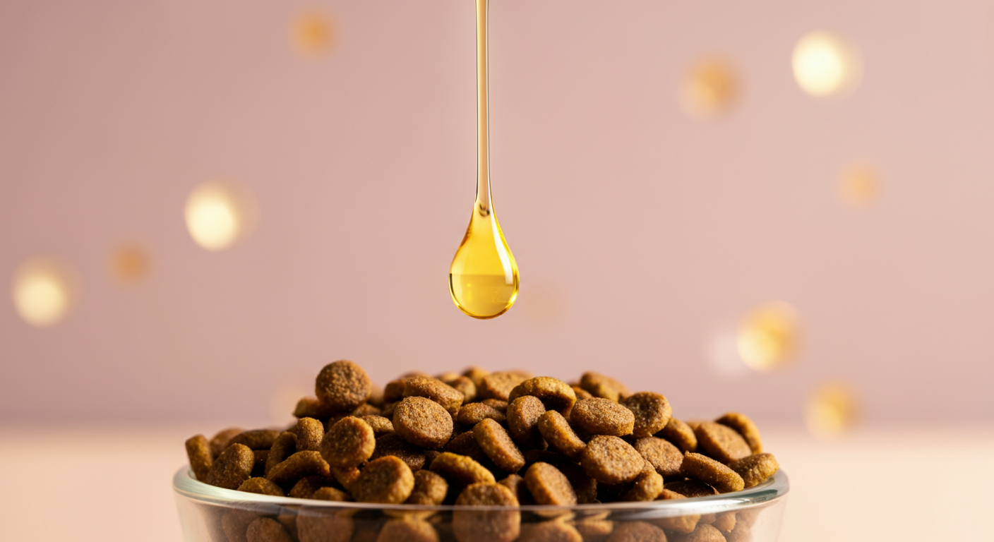 パステルカラーのミニマルな空間で、ドッグフードの入った器の上に、金色のオイルが一滴垂らされようとしている。