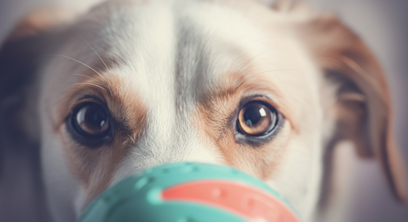 パステルカラーのボールをじっと見つめる犬の目のクローズアップ