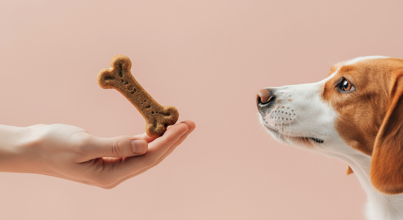 飼い主の手のひらに乗った特別なドッグトリーツに、犬が鼻を近づけているクローズアップ写真。