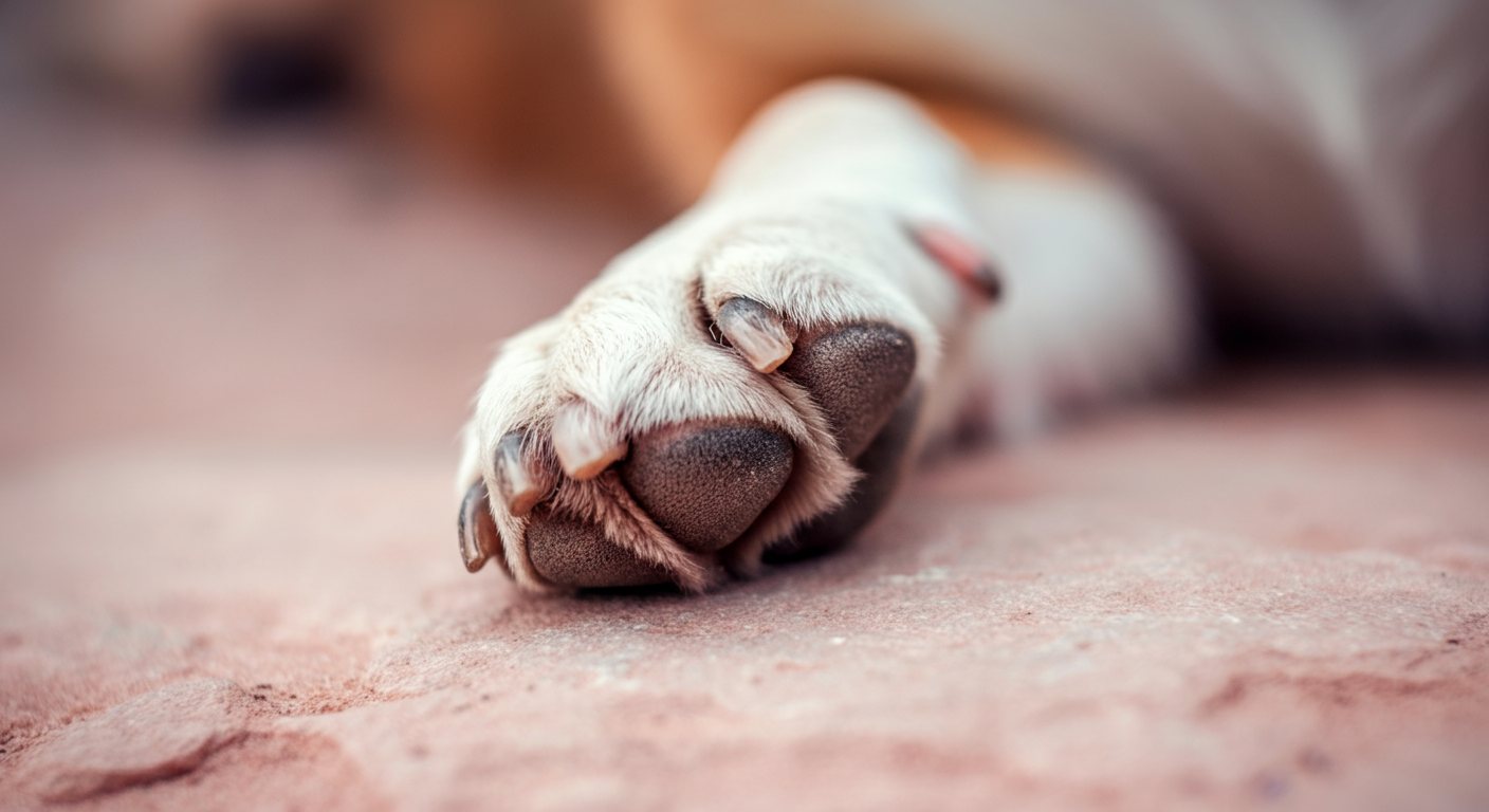 パステルカラーの滑らかな石の上に置かれた犬の肉球のアップ写真。