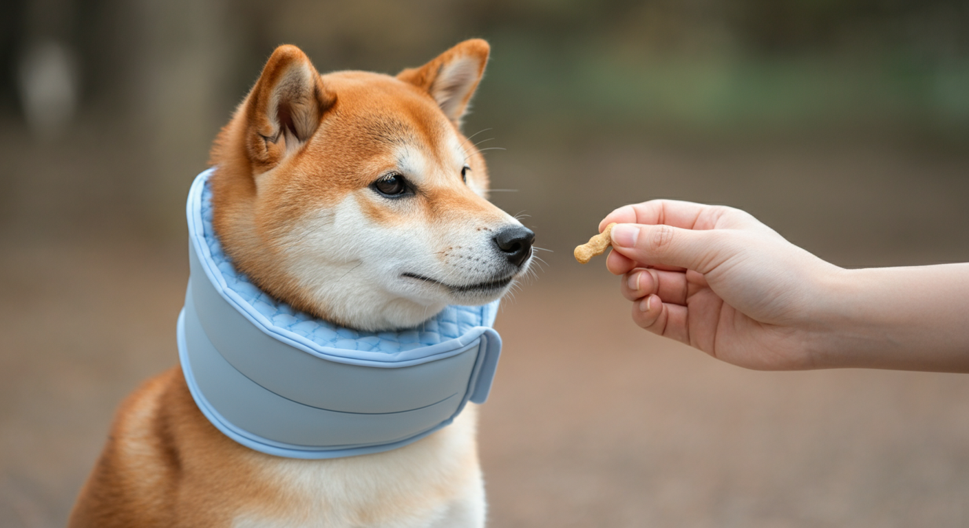 クールネックを見せながら、犬におやつをあげてポジティブな印象付けをしている様子の写真。