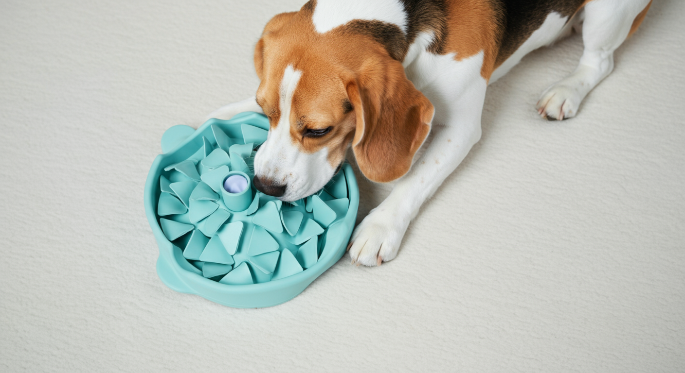 白いラグの上で、パステルブルーの知育トイに集中しているビーグル犬の真上からのショット。