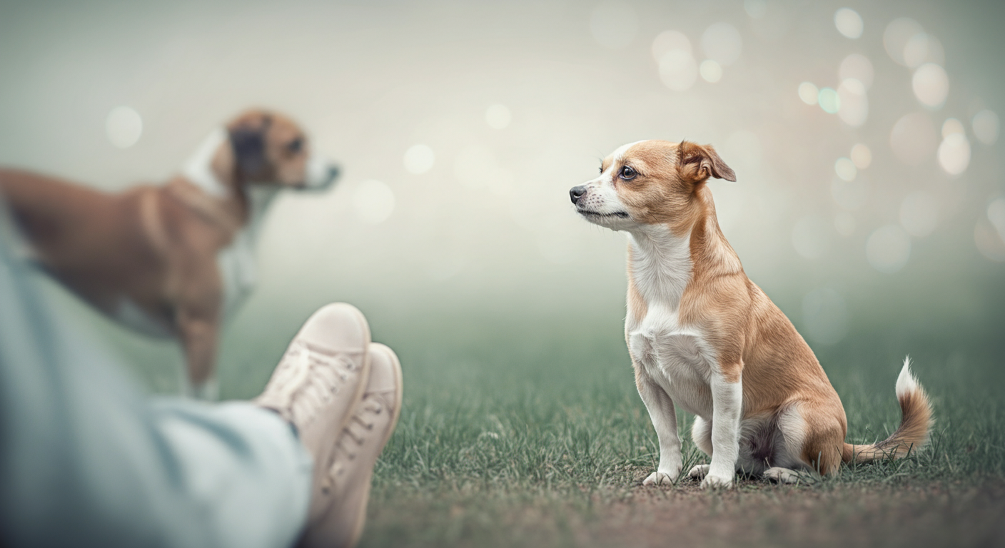 パステル調の公園で、飼い主の足元に落ち着いて座り、遠くにぼんやりと見える他の犬を静かに見つめている犬。