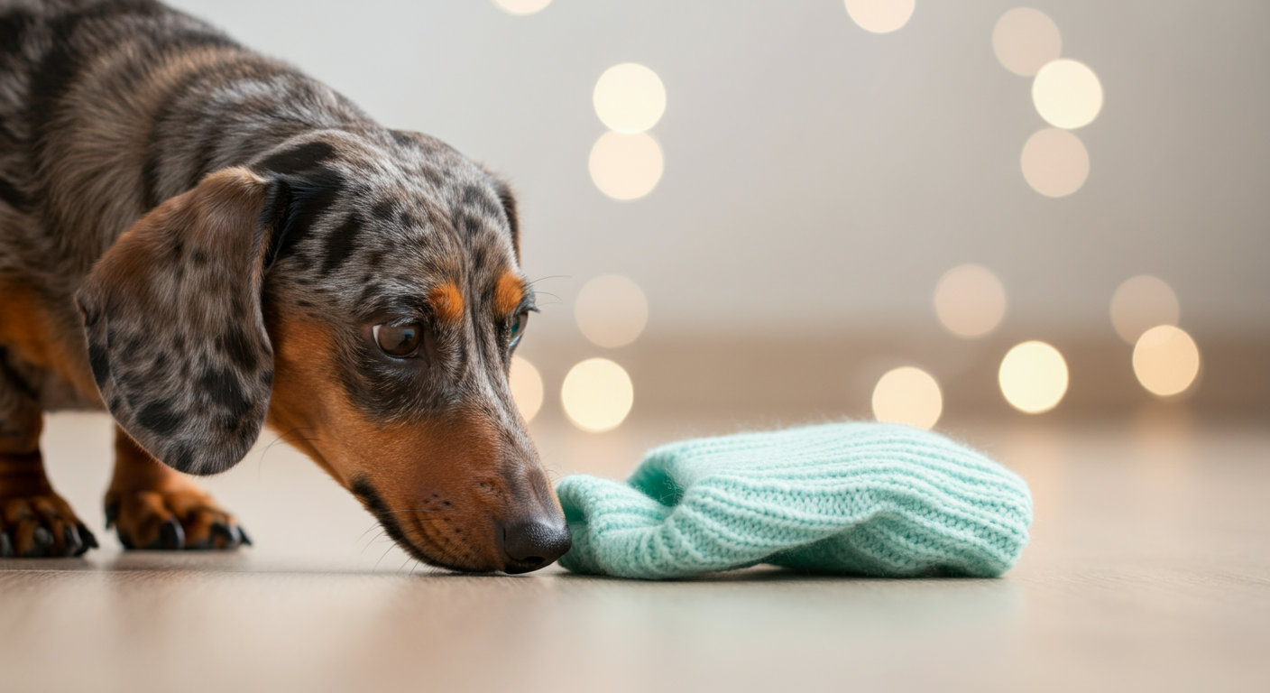床に置かれたミントグリーンのニット帽の匂いを、犬が慎重に嗅いでいる様子。