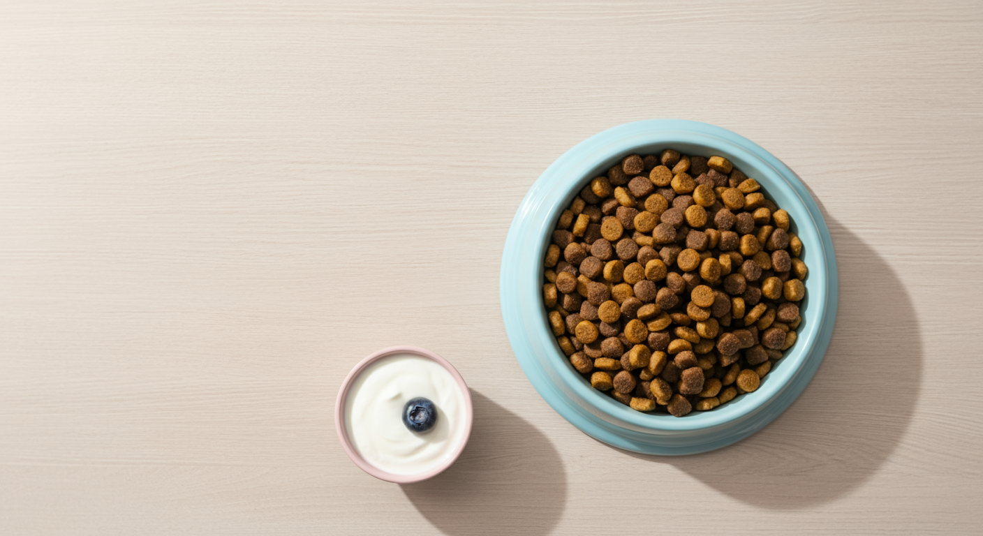 ドッグフードとヨーグルトが用意された、犬用の軽くて健康的な朝ごはん。