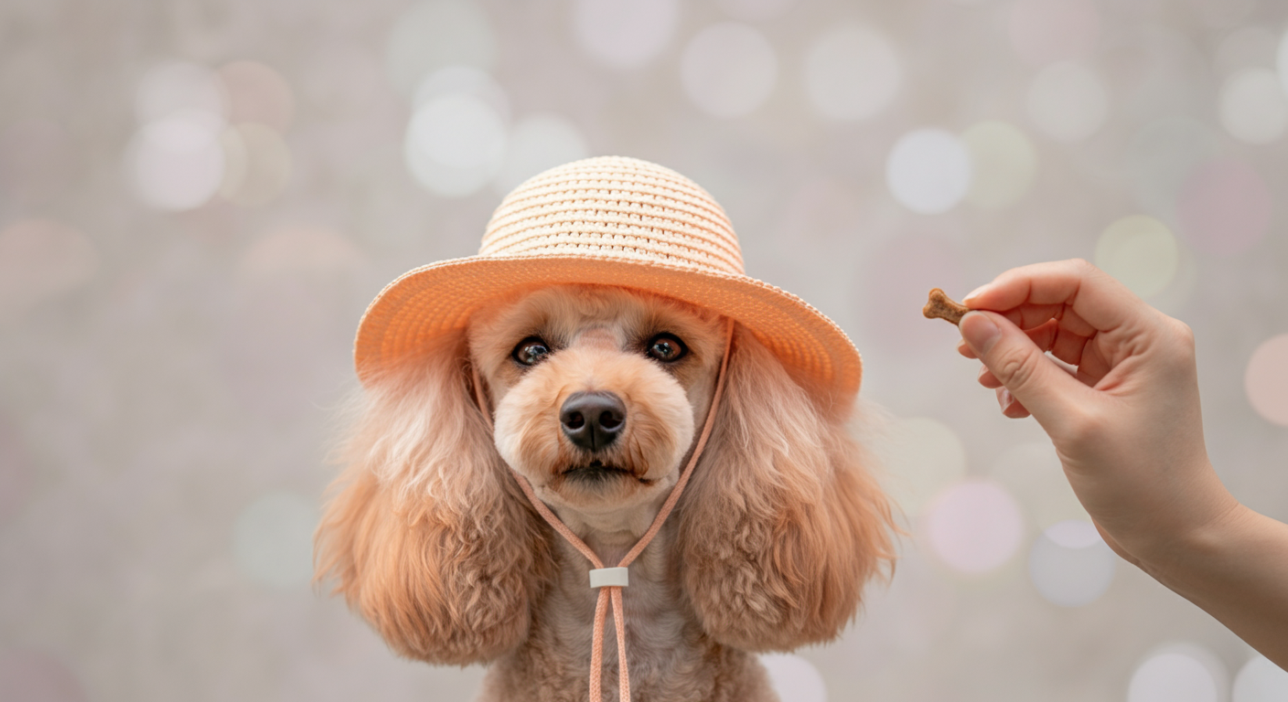 犬の頭の上に帽子が一瞬だけ乗せられ、飼い主の手がおやつを持っている瞬間。